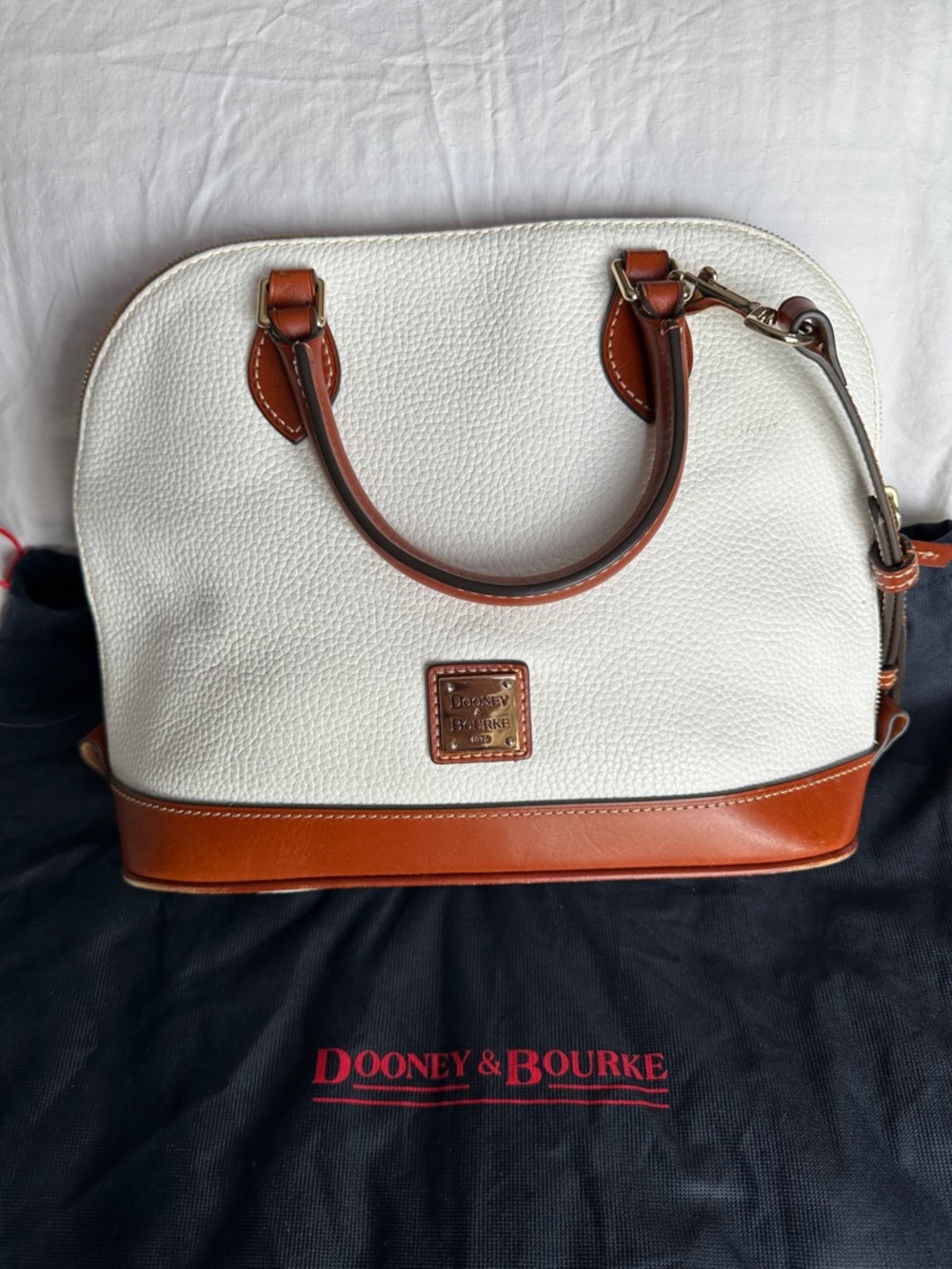 Dooney & Bourke White and Brown Pebble Leather Dome Satchel